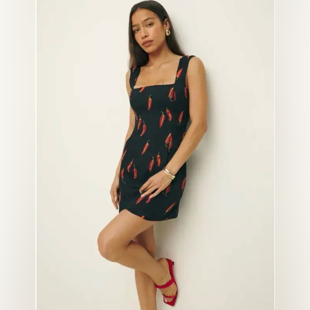 Reformation Black Mini Dress with Red Pepper Print